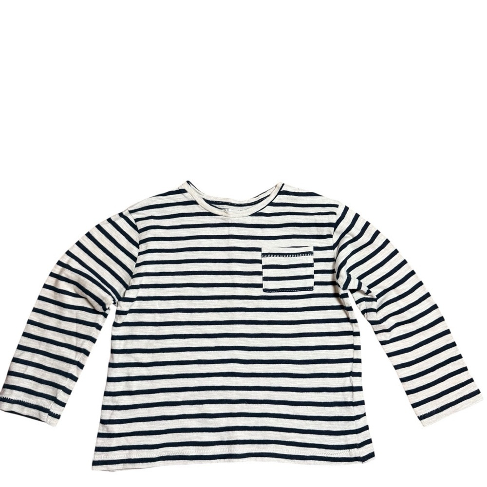 Zara Kids Striped Cream & Navy Blue Long Sleeve Top with Pocket – Size 3–4Y